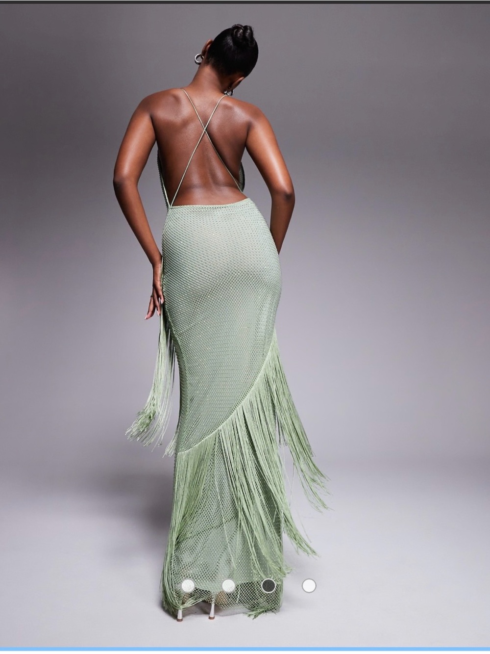ASOS Fishnet Hotfix Embelished Green Fringe Cowl-Neck Maxi Dress - Picture 4 of 15